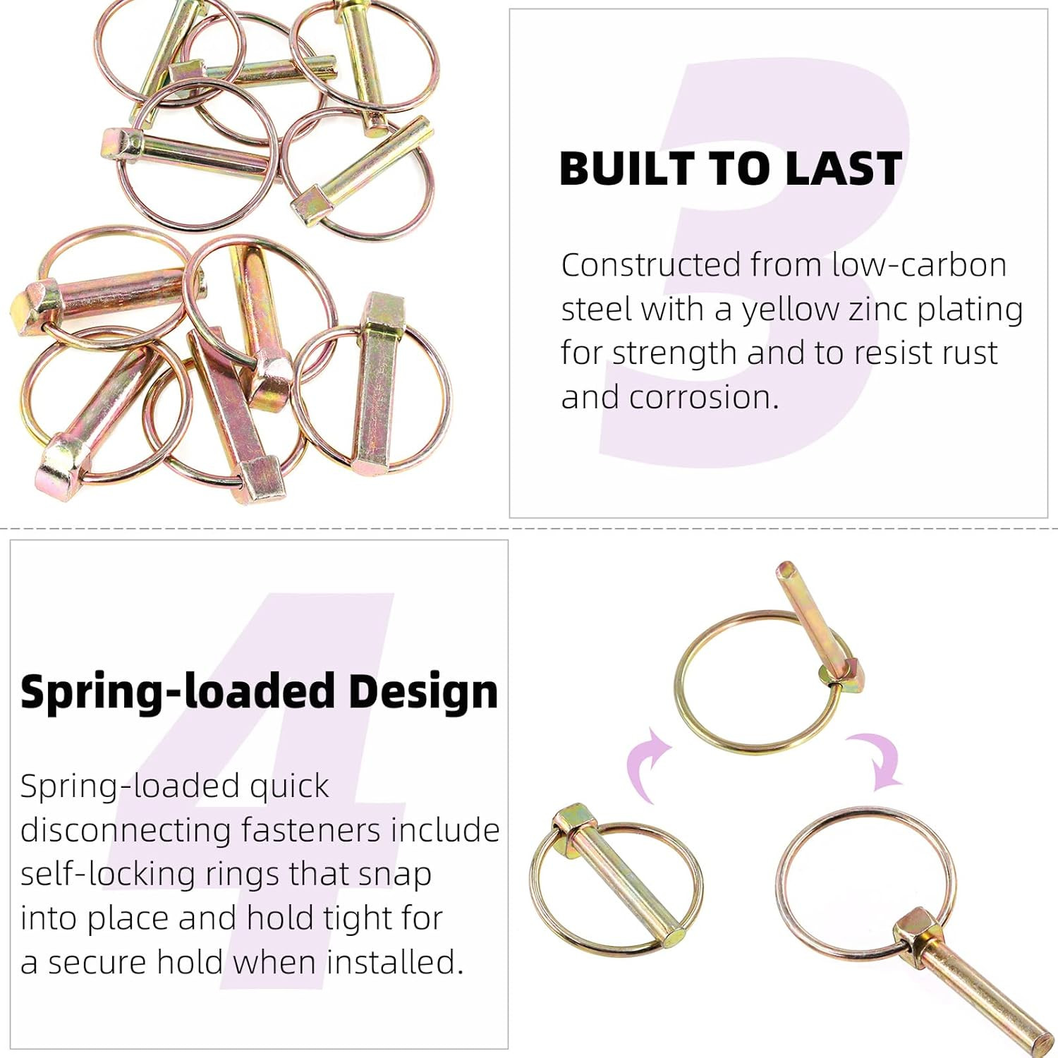 50Pcs 4 Sizes Spring-Loaded Lynch Pin Linch Pin and Stainless Steel Lanyard Cabl