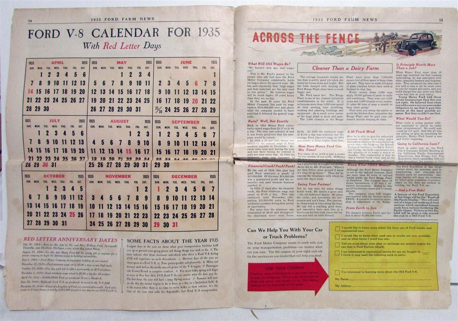 1935 Ford Farm News Model T V8 Tudor Specifications Agriculture Sales Mailer