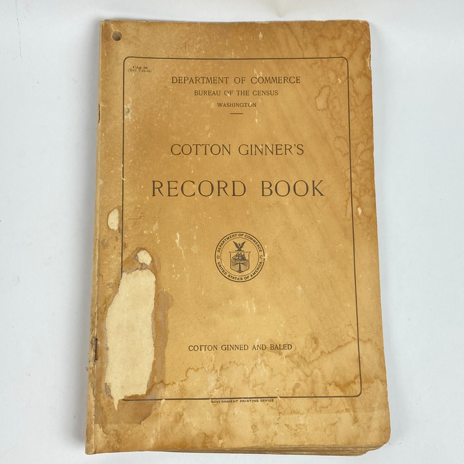 1950&rsquo;s Dept of Commerce Cotton Ginner&rsquo;s Record Book Filled Out Vintage