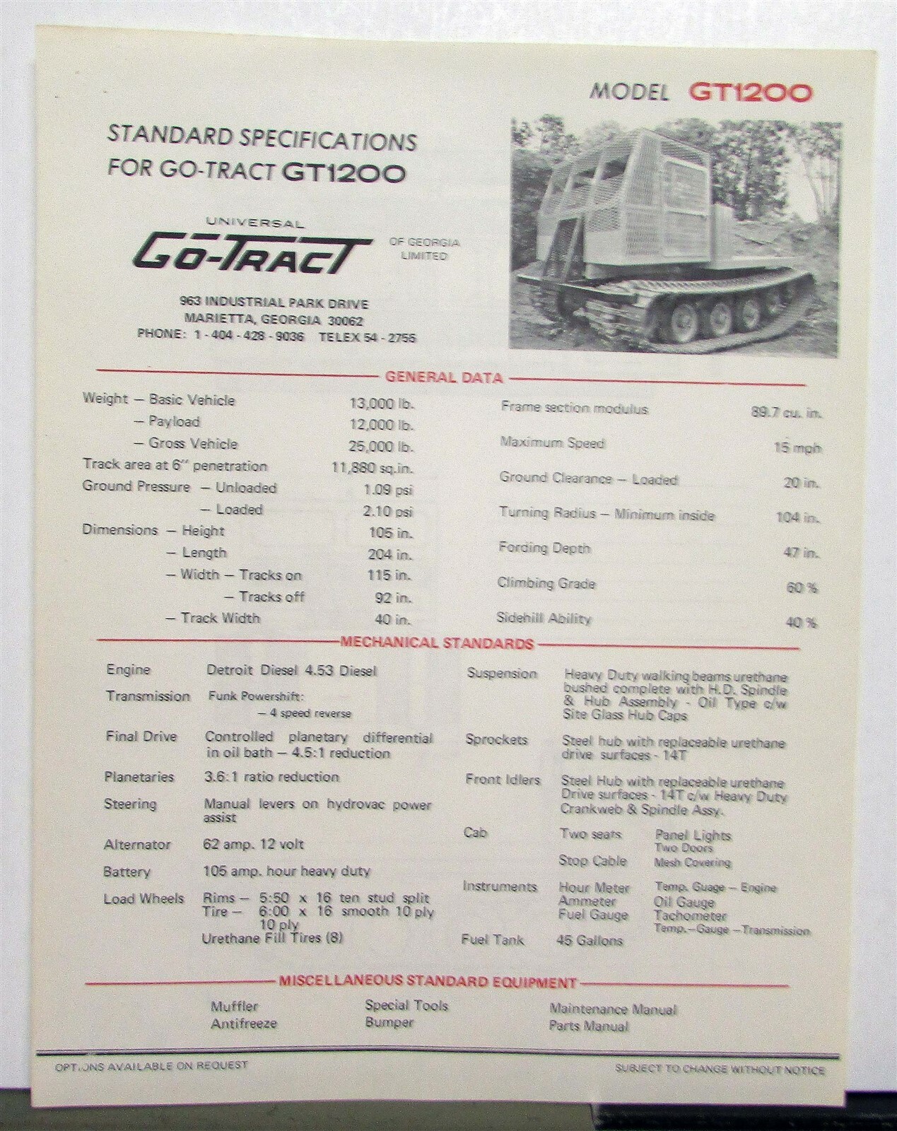 1976 Go Tract GT1200 Specifications Construction Sales Brochure
