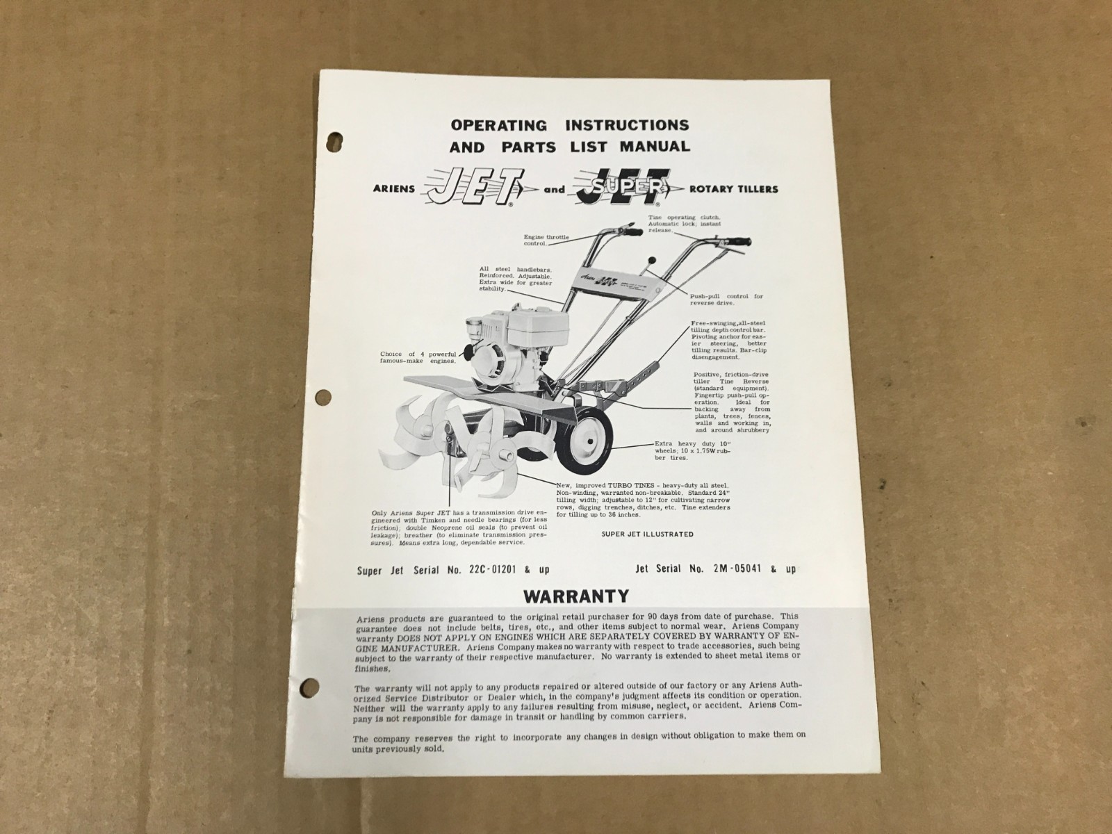 Vintage Ariens Jet/Super Jet Rotary Tiller Operating Instructions/Parts List