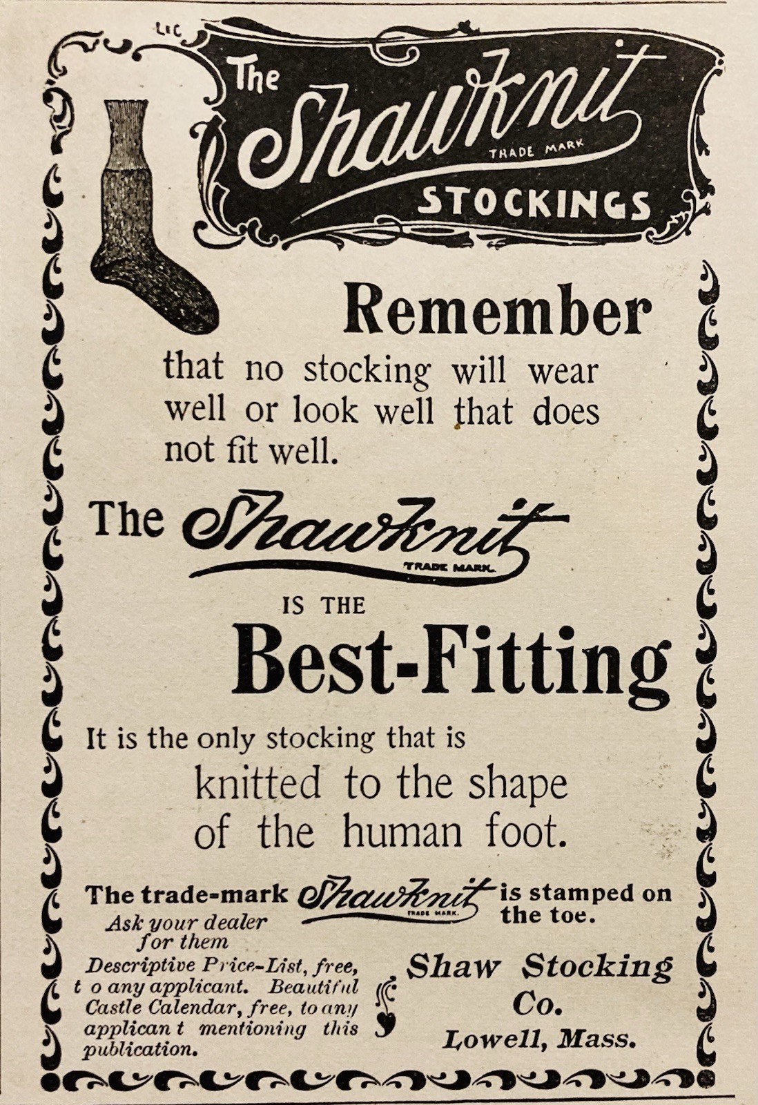 1896 AD.(PC10)~SHAW STOCKING CO. LOWELL, MASS. SHAWKNIT BEST FITTING STOCKINGS