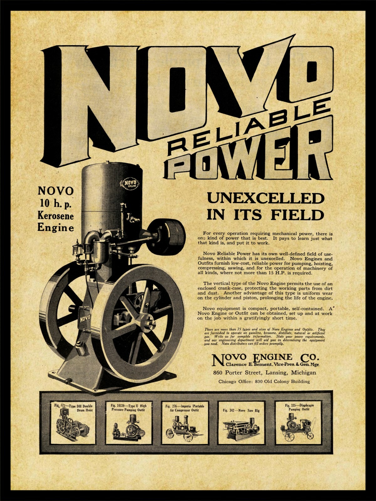 1918 Novo Engine Co. NEW Metal Sign: 10 HP Kerosene Model – Lansing, Michigan