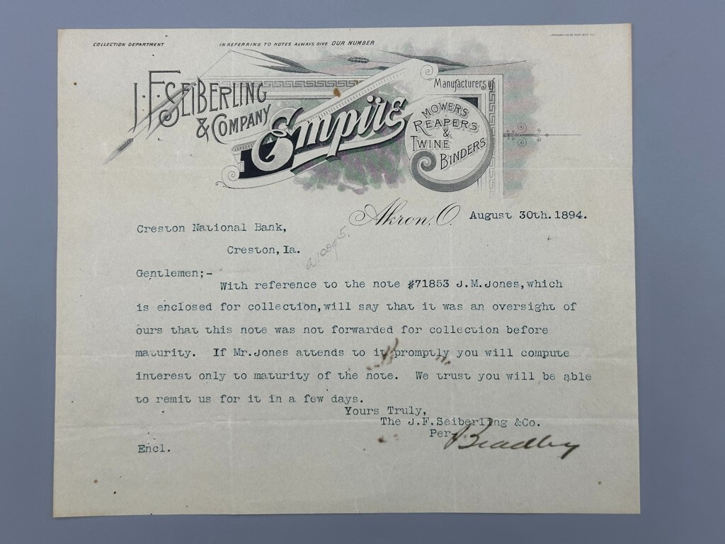 1894 Seiberling Co EMPIRE MOWERS Letter FARM Advertising AKRON Ohio