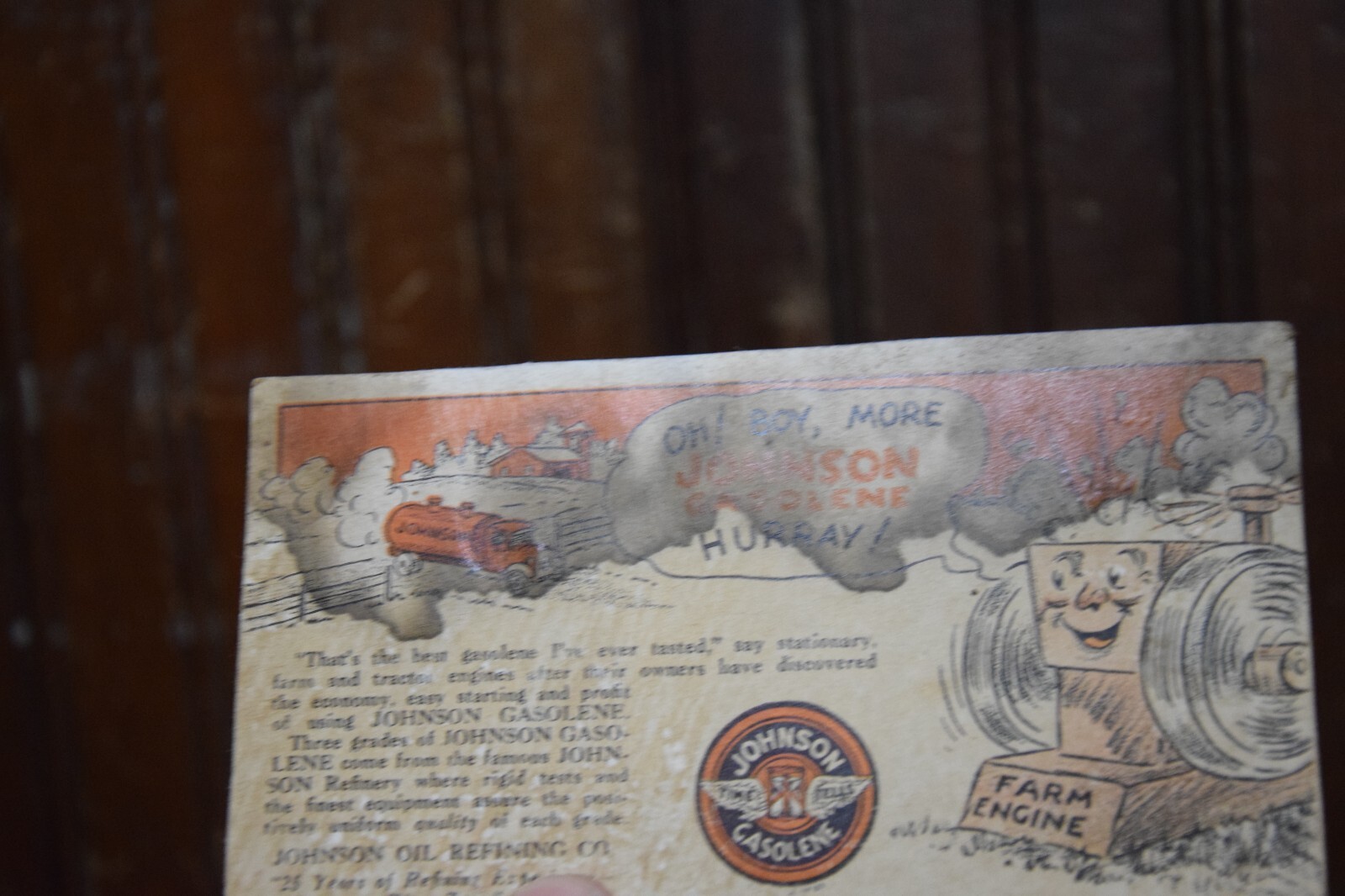 JOHNSON TIME TELLS GASOLINE FARM ENGINE TRACTOR GRAIN MILL DISPLAY SIGN FARMING