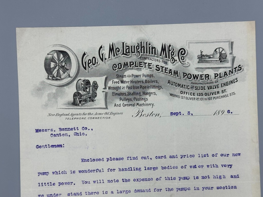 1896 McLaughlin STEAM POWER ENGINES Acme Oil Farm Advertising Letter Boston