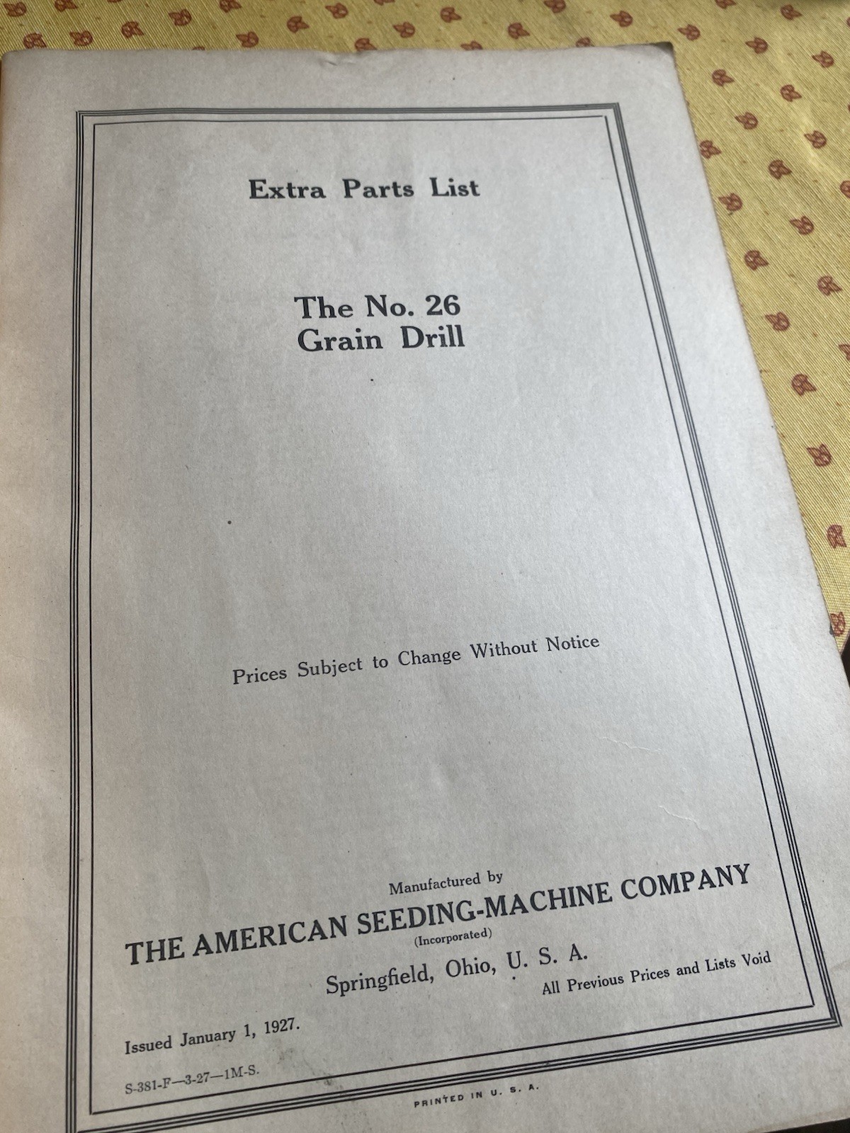 1927 Superior Grain Drill Parts List No. 26 American Seeding-Machine Co.
