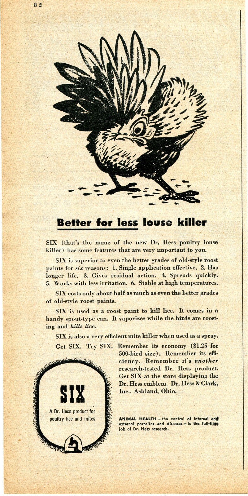 1947 Print Ad of Dr Hess & Clark Six poultry louse killer Ashland OH