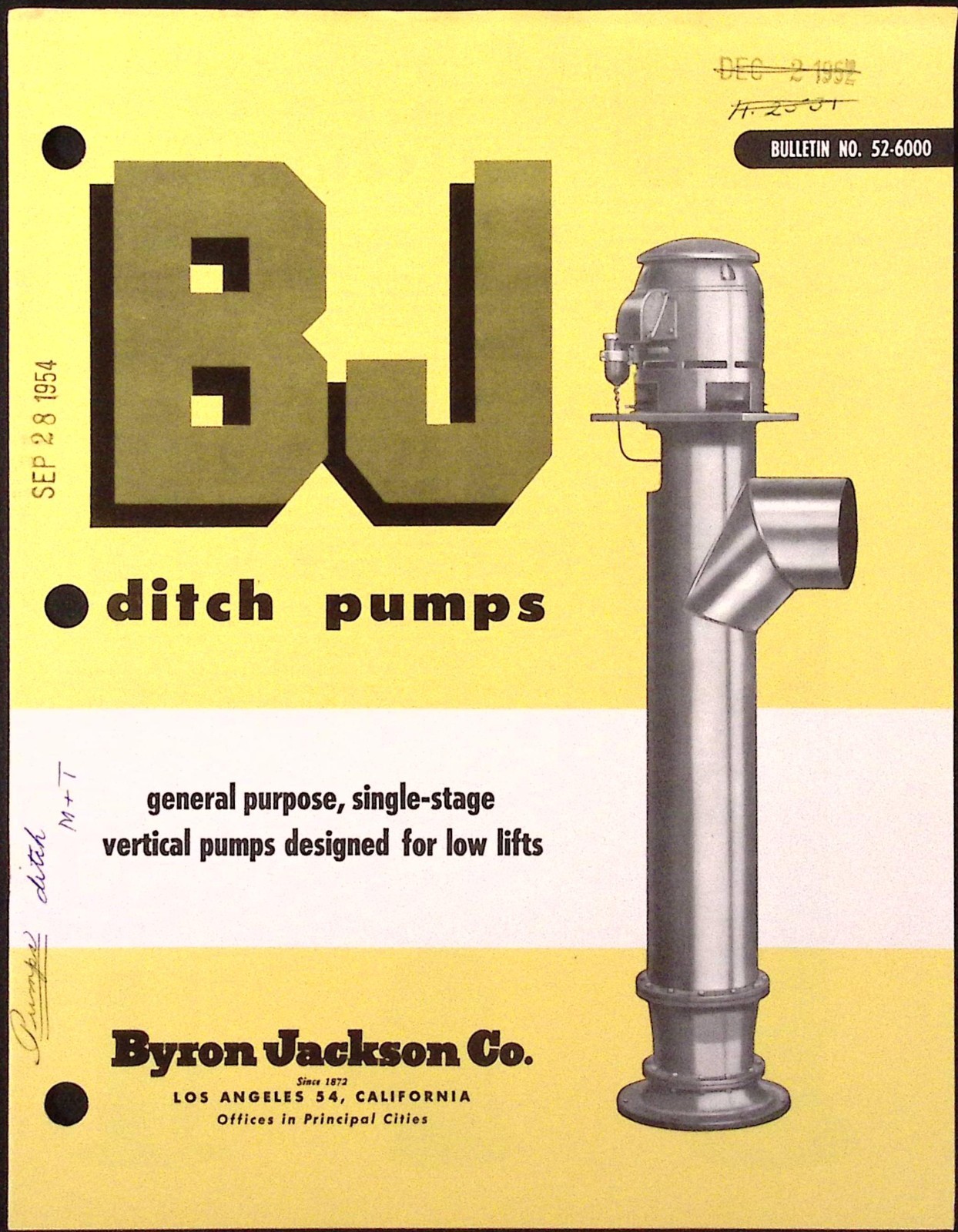 1954 BJ Ditch Pumps Brochure Byron Jackson Co Los Angeles CA