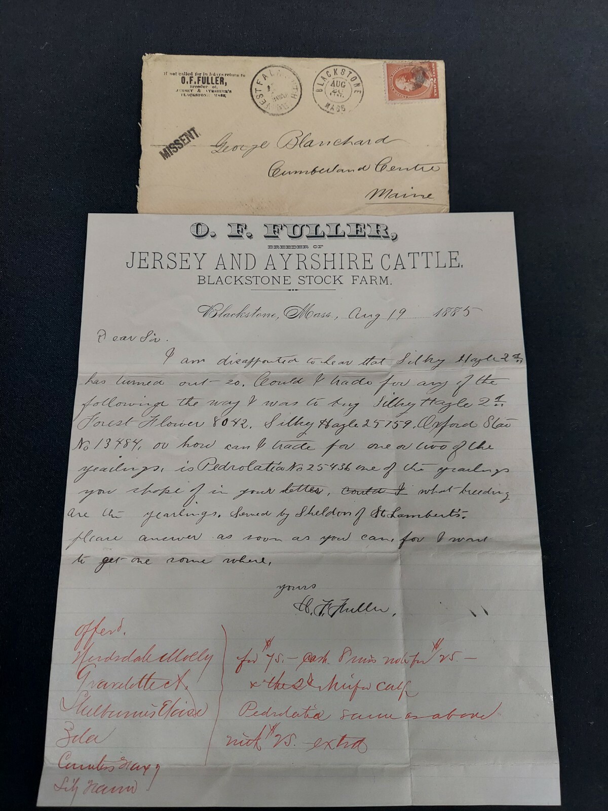 1885 O.F. FULLER Letter Blackstone Mass. missent hand stamp rare
