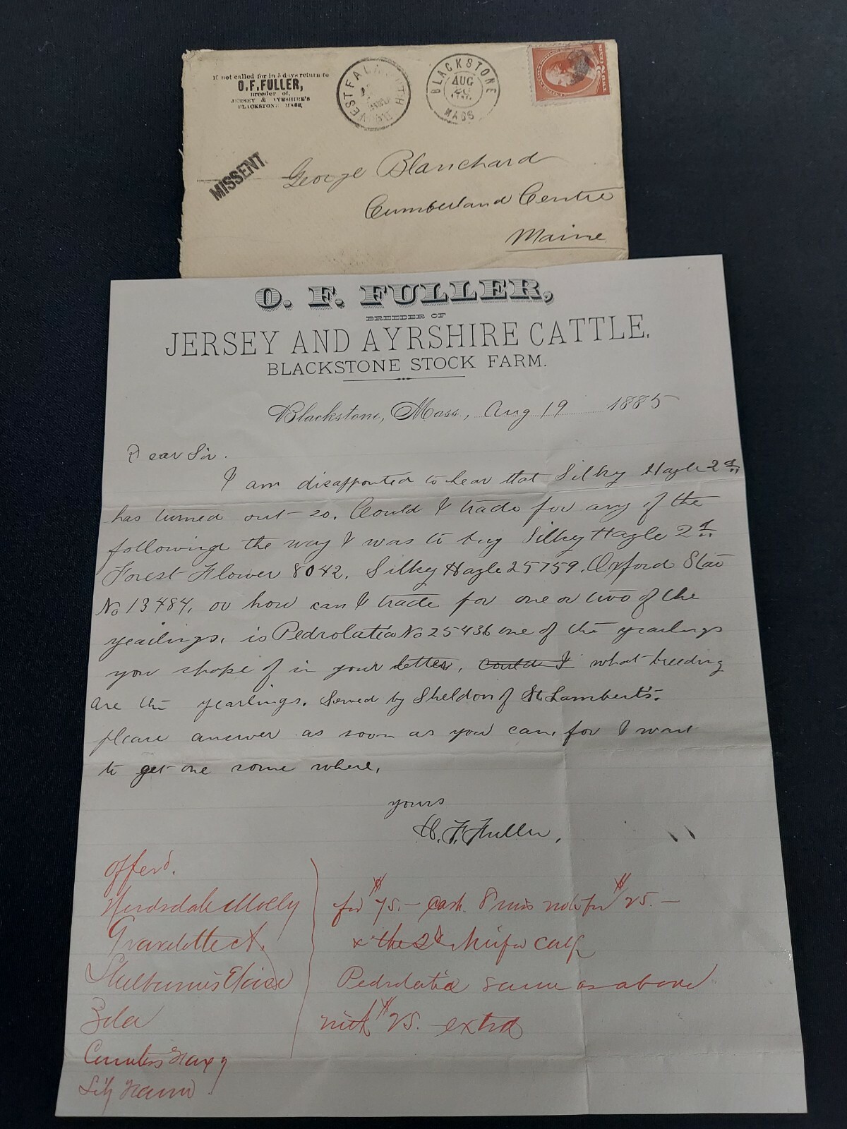 1885 O.F. FULLER Letter Blackstone Mass. missent hand stamp rare