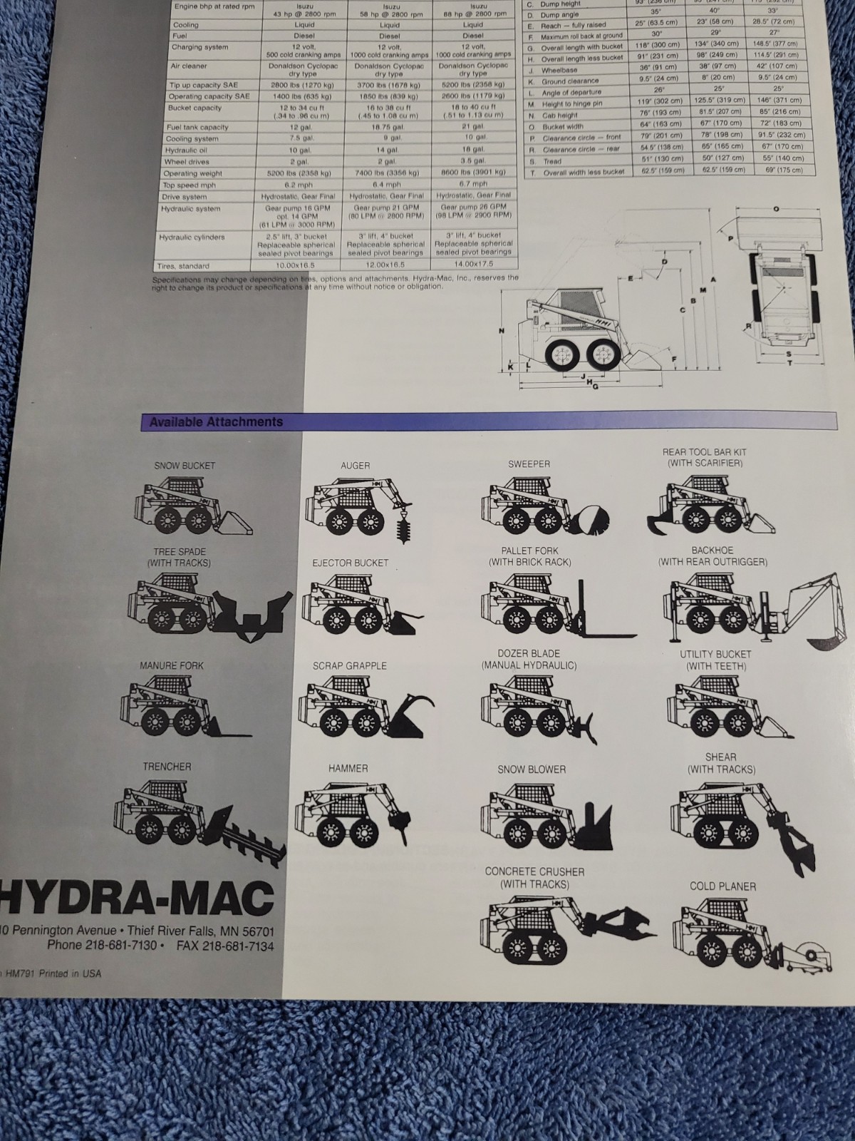Vintage 1991 Hydra Mac 1450 1850 2650 Skid Steer Loader BROCHURE TRF Minnesota
