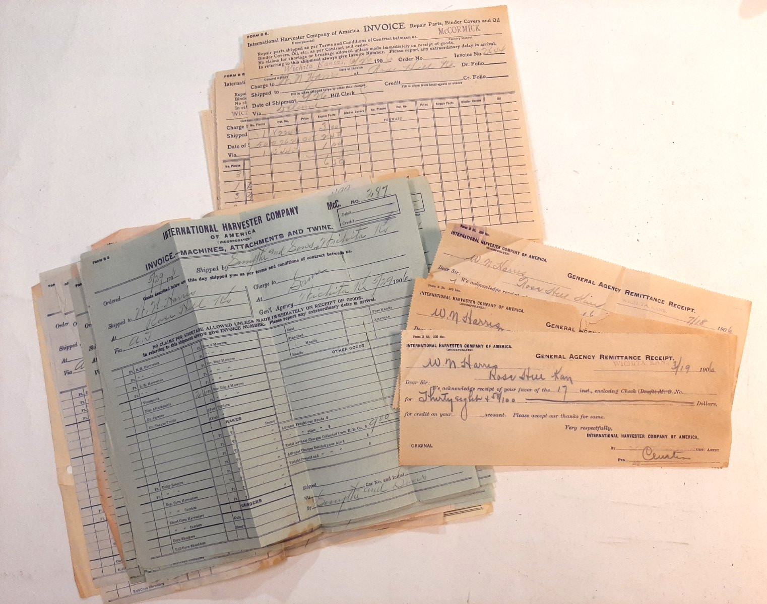 1906 International Harvester Co Invoices & Receipts Lot/30 pcs Wichita Kansas