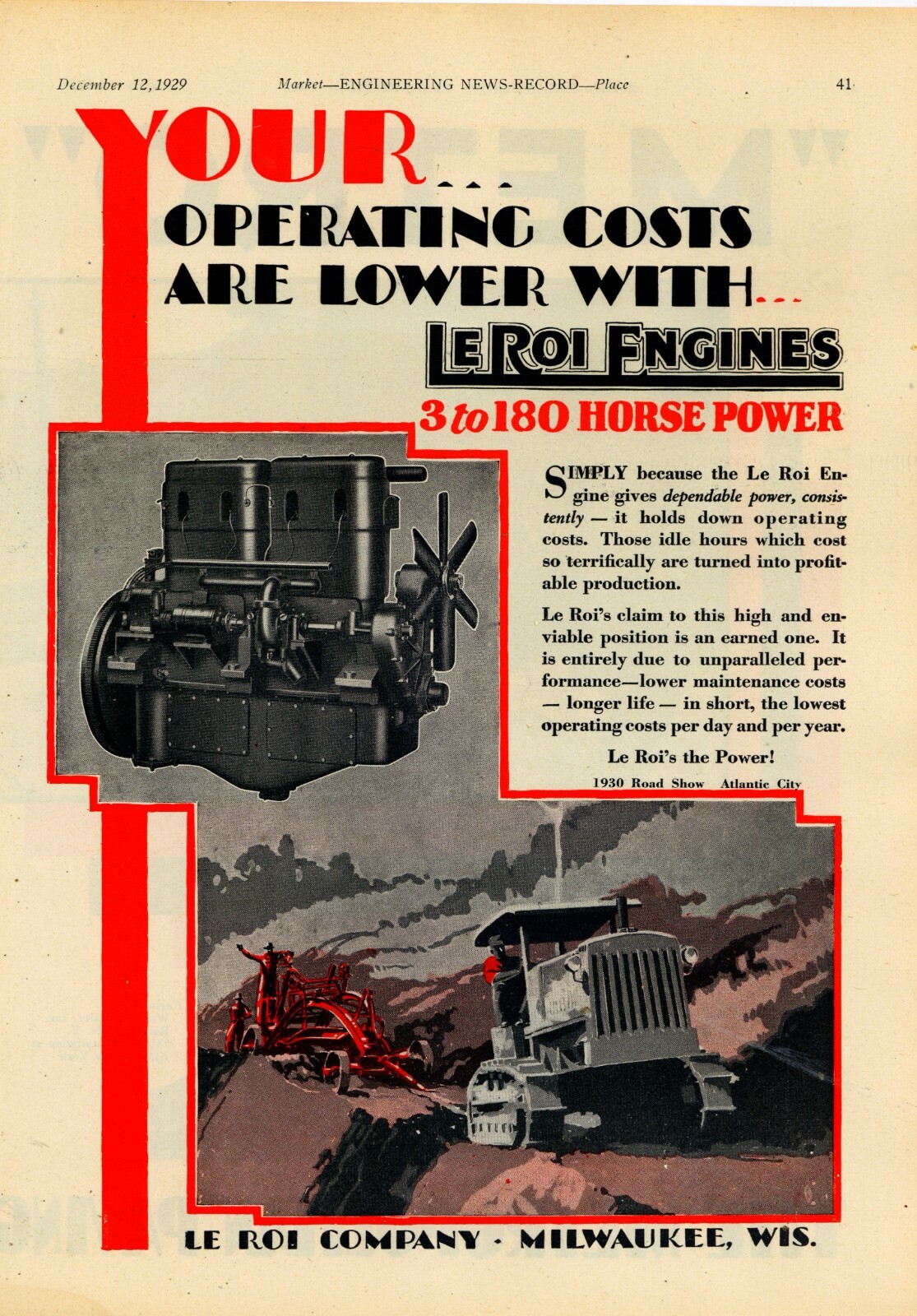 1929 Le Roi Engine Co. Ad: 3-180 Horsepower – Milwaukee, Wisconsin