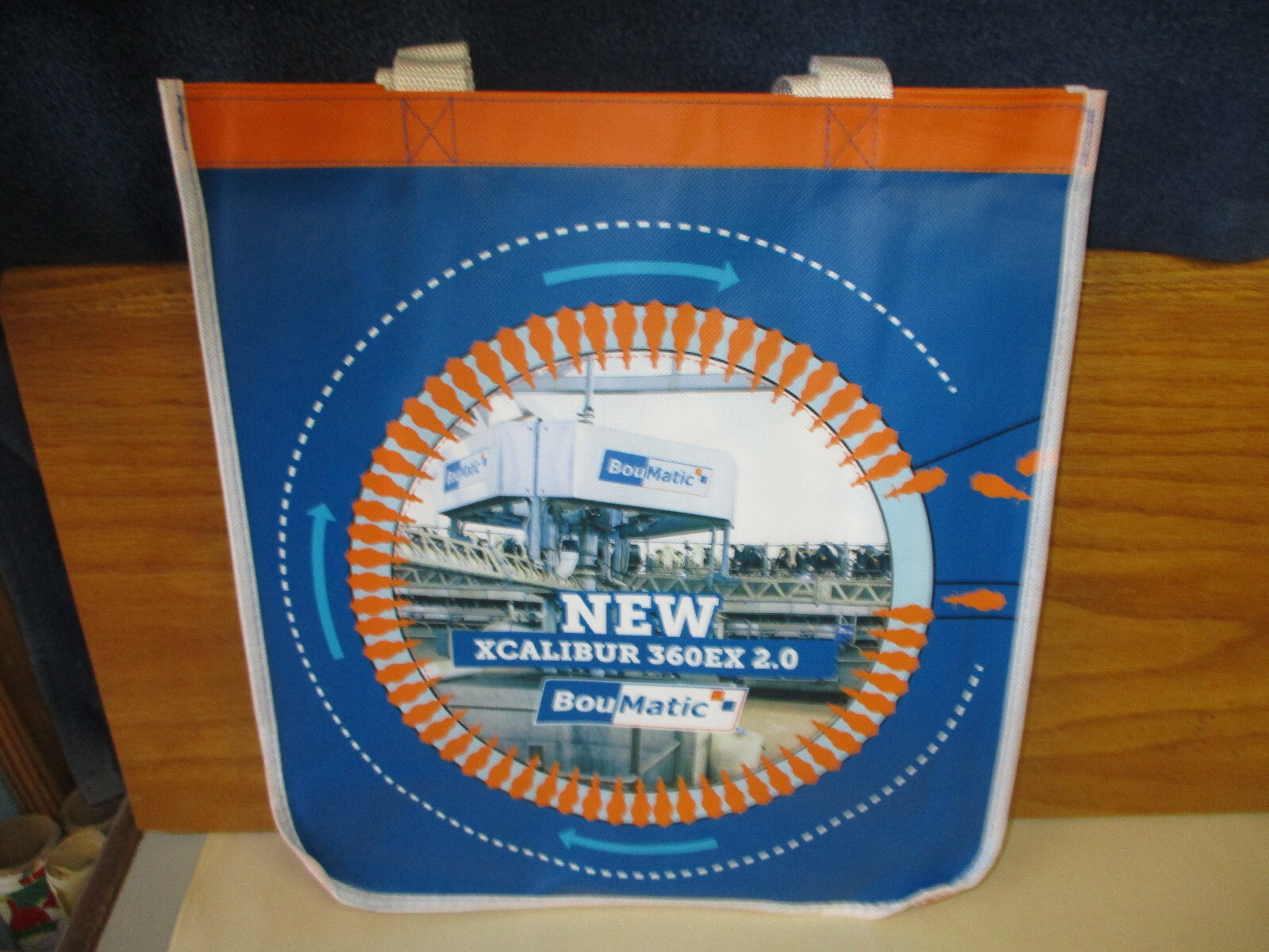 2 BOUMATIC DAIRY Shopping Bag Lot 13.5&Prime;x13.75&Prime; (Orange/Blue) XCALIBUR 360EX 2.0