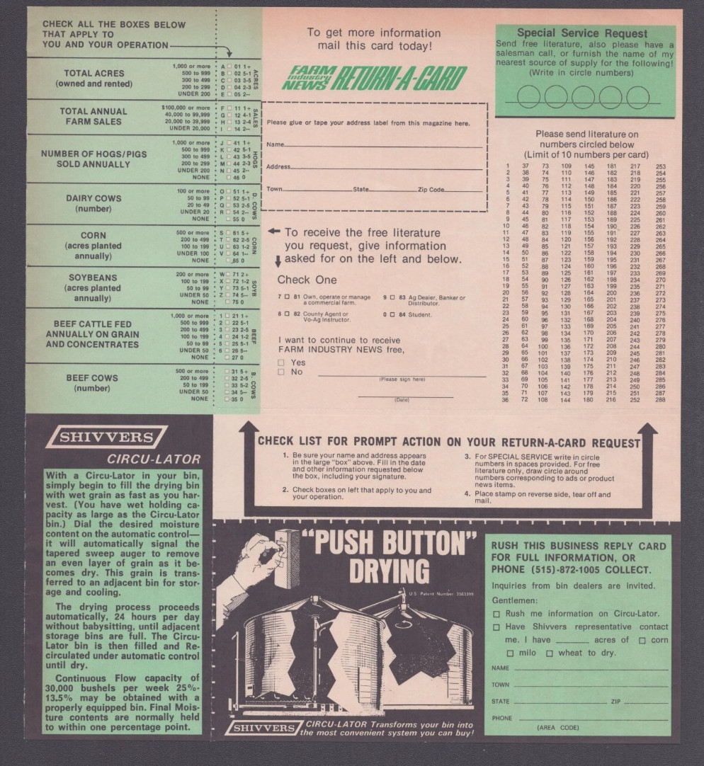 1973 Print Ad Farm Industry News Clinton Iowa Return a Card Shivvers Circu-Lator