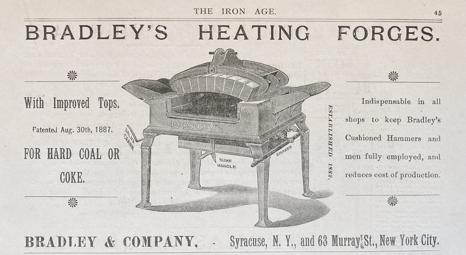 1888 AD.(XH7)~BRADLEY & CO. SYRACUSE, NY. BRADLEY’S HEATING FORGES