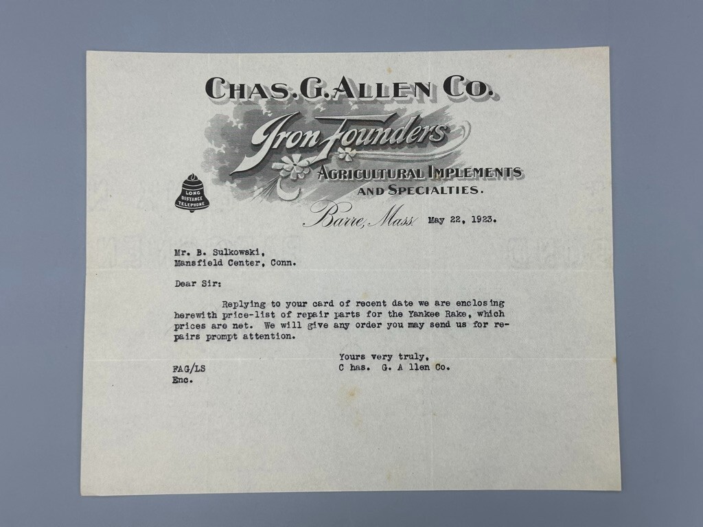 1923 Chas Allen IRON FOUNDERS Antique FARM MACHINERY Advertising Letter BARRE MA