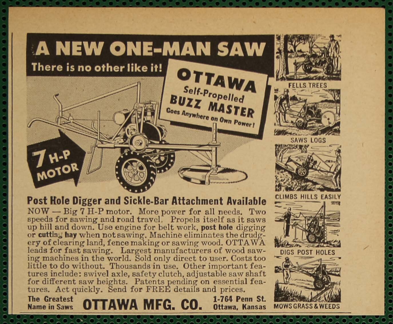Ottawa Digger Tractor Log Saw Buzz Master Vintage Print Ad LOT of 10 pcs 1946