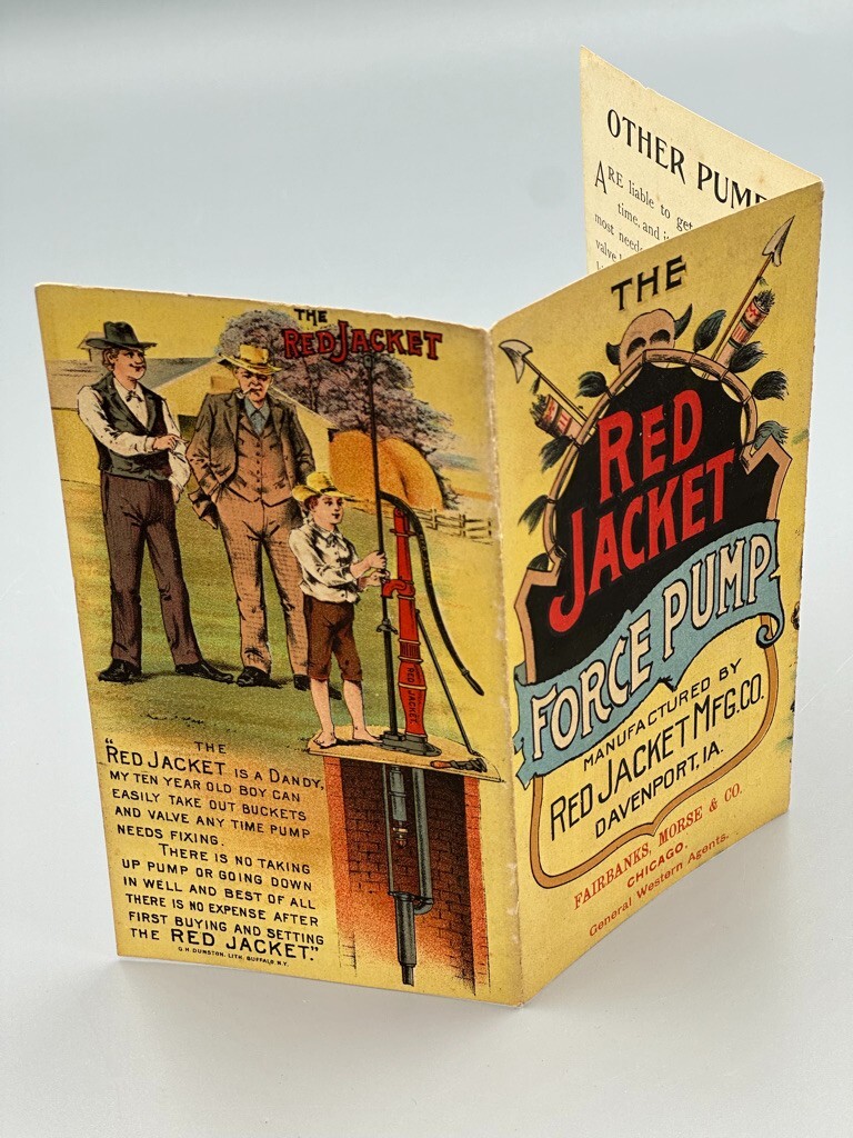 1880s RED JACKET FORCE PUMP Fairbanks Morse Farm Advertise Trade Card DAVENPORT
