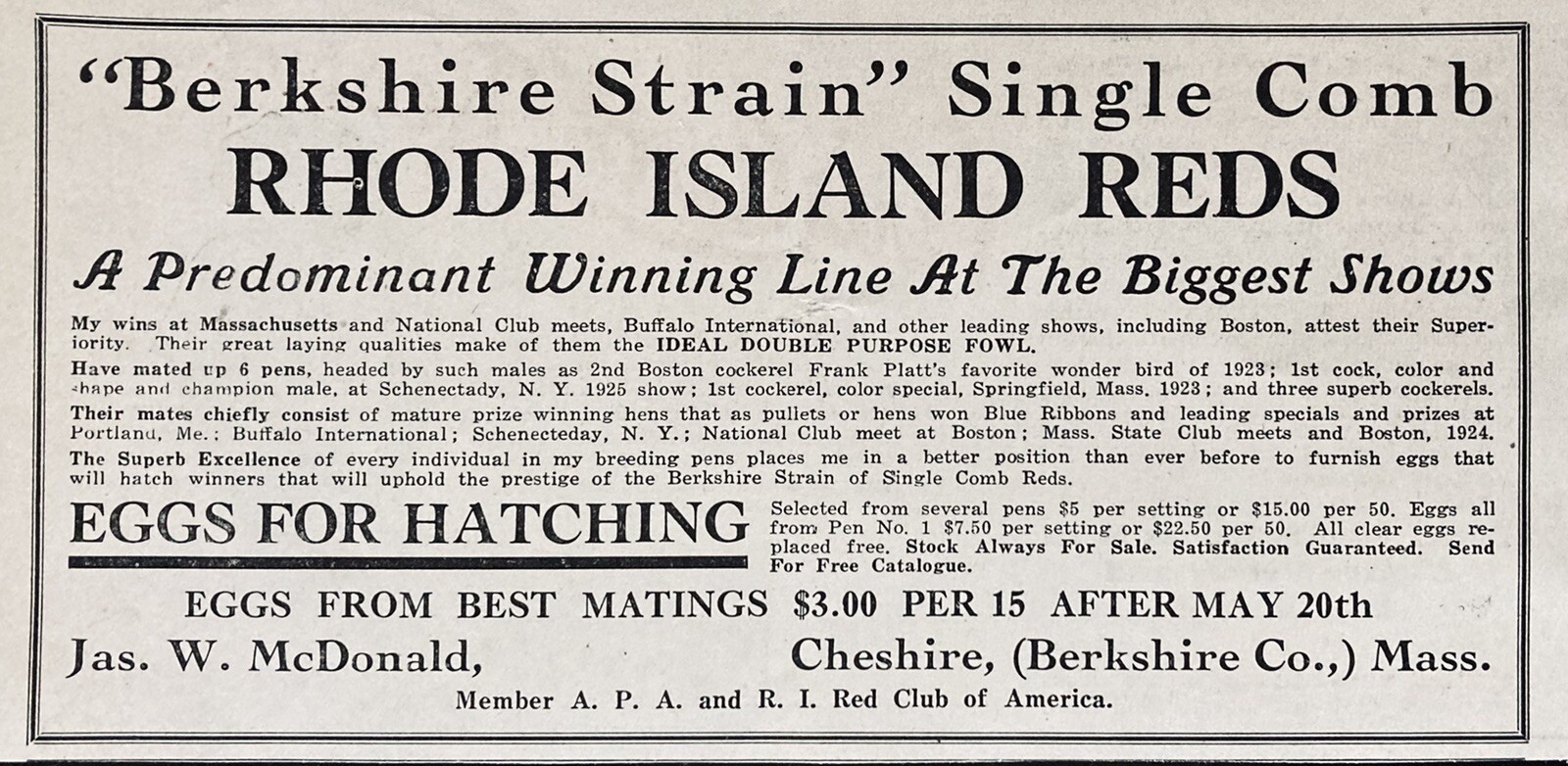 1925 AD.(XH44)~JAS. W. MCDONALD, CHESHIRE, BERKSHIRE CO. MASS. RHODE ISLAND REDS