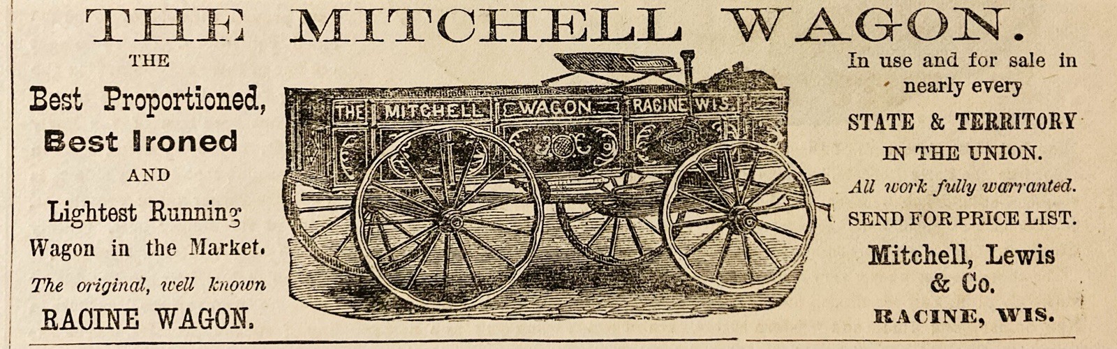 1872 AD.(PC6)~MITCHELL, LEWIS CO. RACINE, WIS. THE MITCHELL LIGHT WAGON