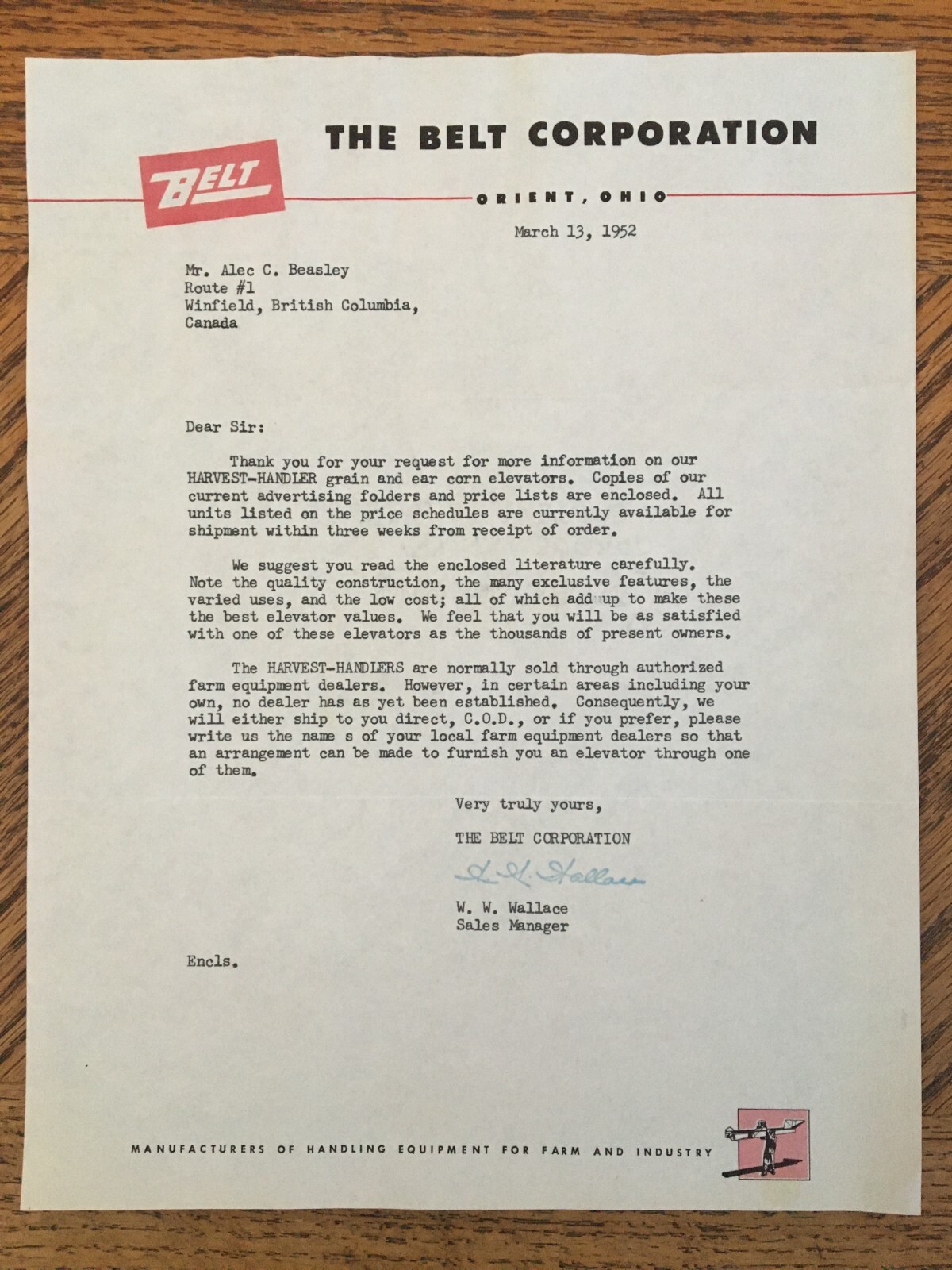 Belt Corporation Farm Machinery Letter Receipt 1952 Kelowna BC Cattle Ranch Corn