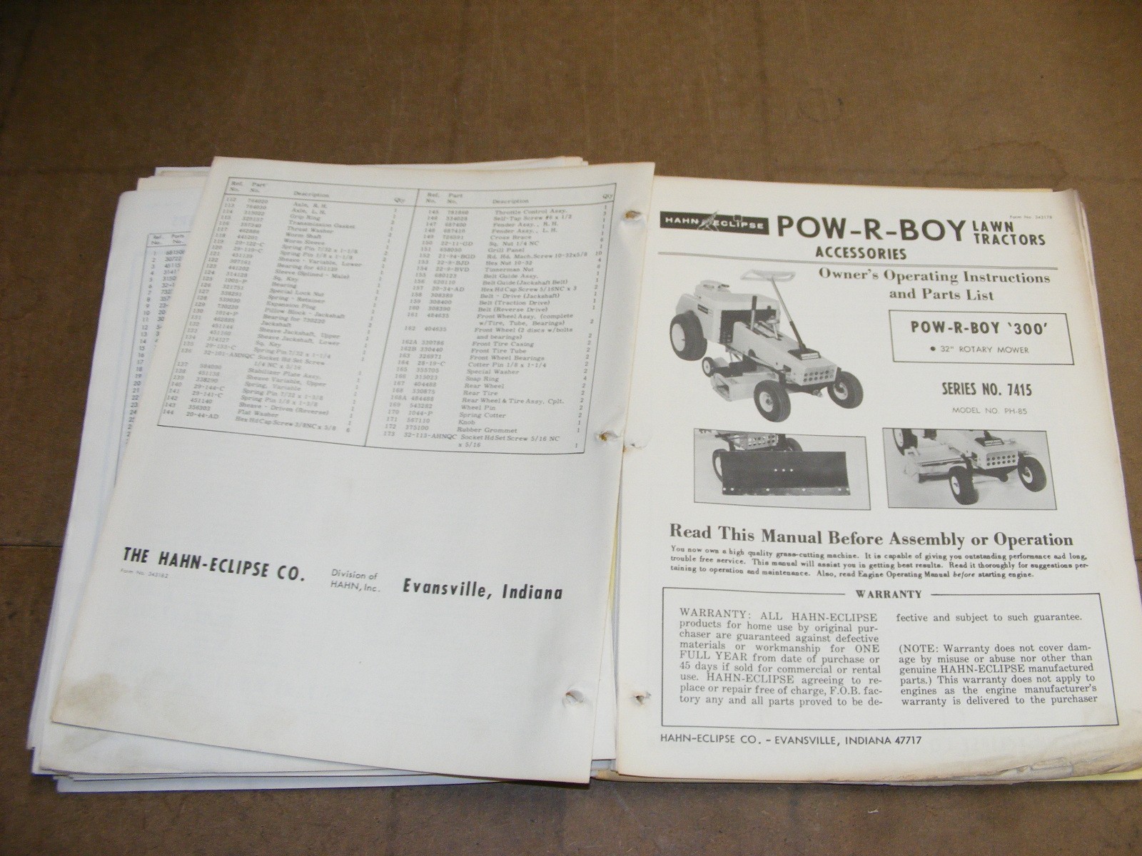 1960s Hahn Eclipse Mower Master Parts Catalog Maintenance Manual