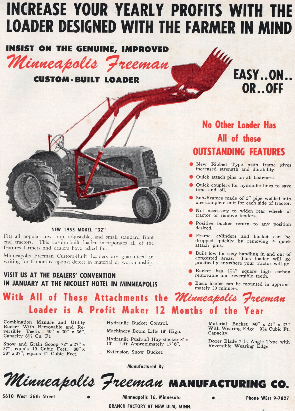 1955 Dealer Print Ad of Minneapolis Freeman Model 32 Custom Built Tractor Loader