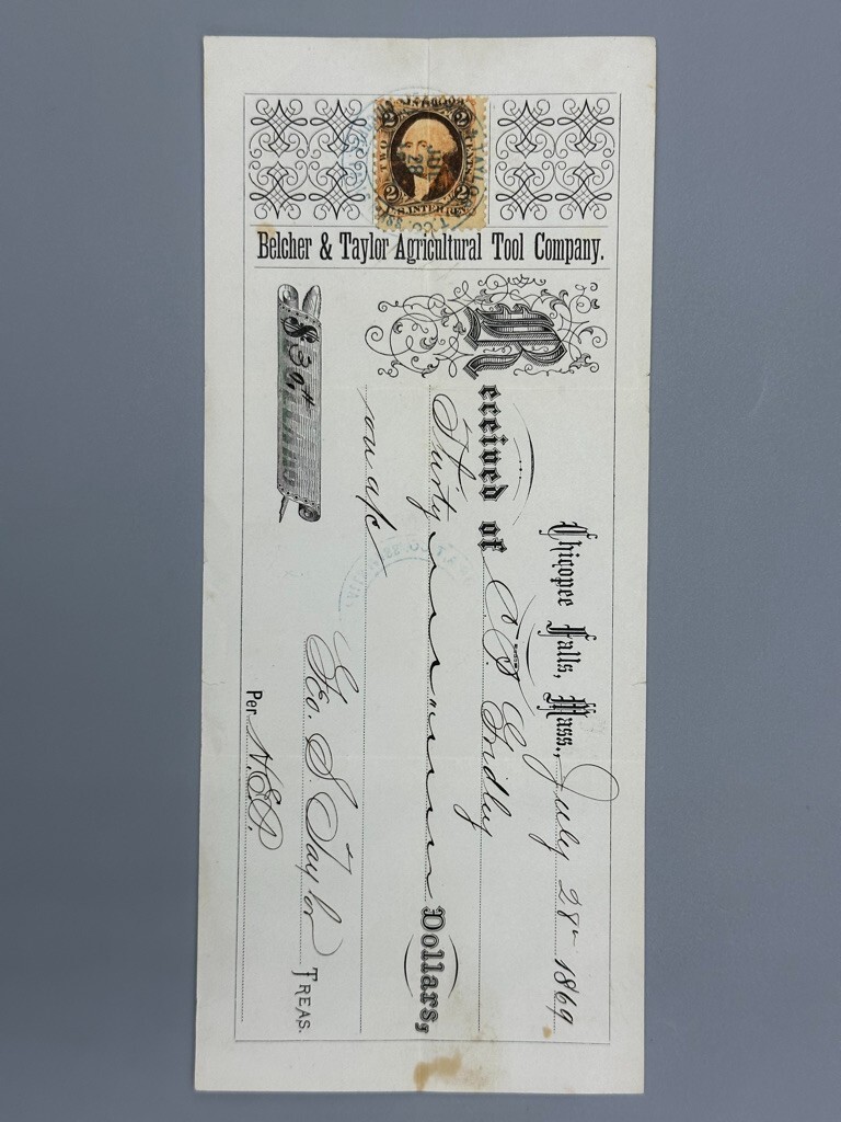 1869 BELCHER & TAYLOR Agricultural Tool FARM Stamp Receipt CHICOPEE FALLS MA