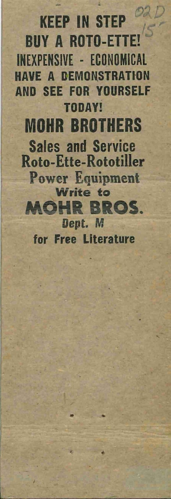 Matchbook Cover Roto Ette Garden Tractors Mohr Brothers Hatboro PA