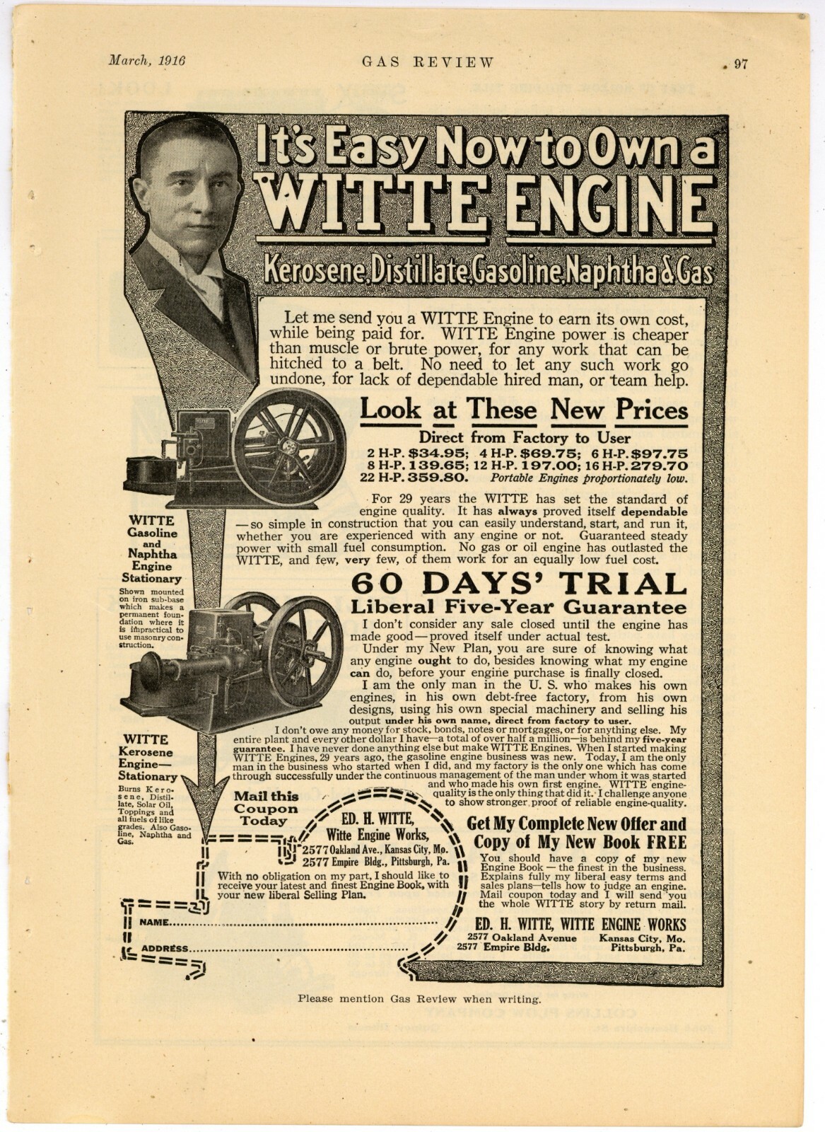 1916 ED. H. Witte Engine Works Ad: Witte Gas, Kerosene & Naptha Engines KC MO