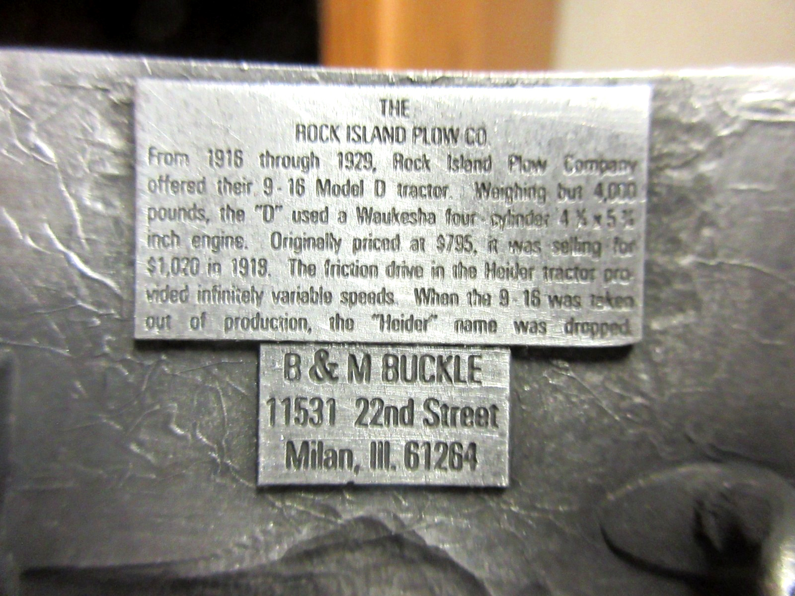 RARE vintage Heider D 9-16 tractor belt buckle Rock Island Plow Co, Pewter