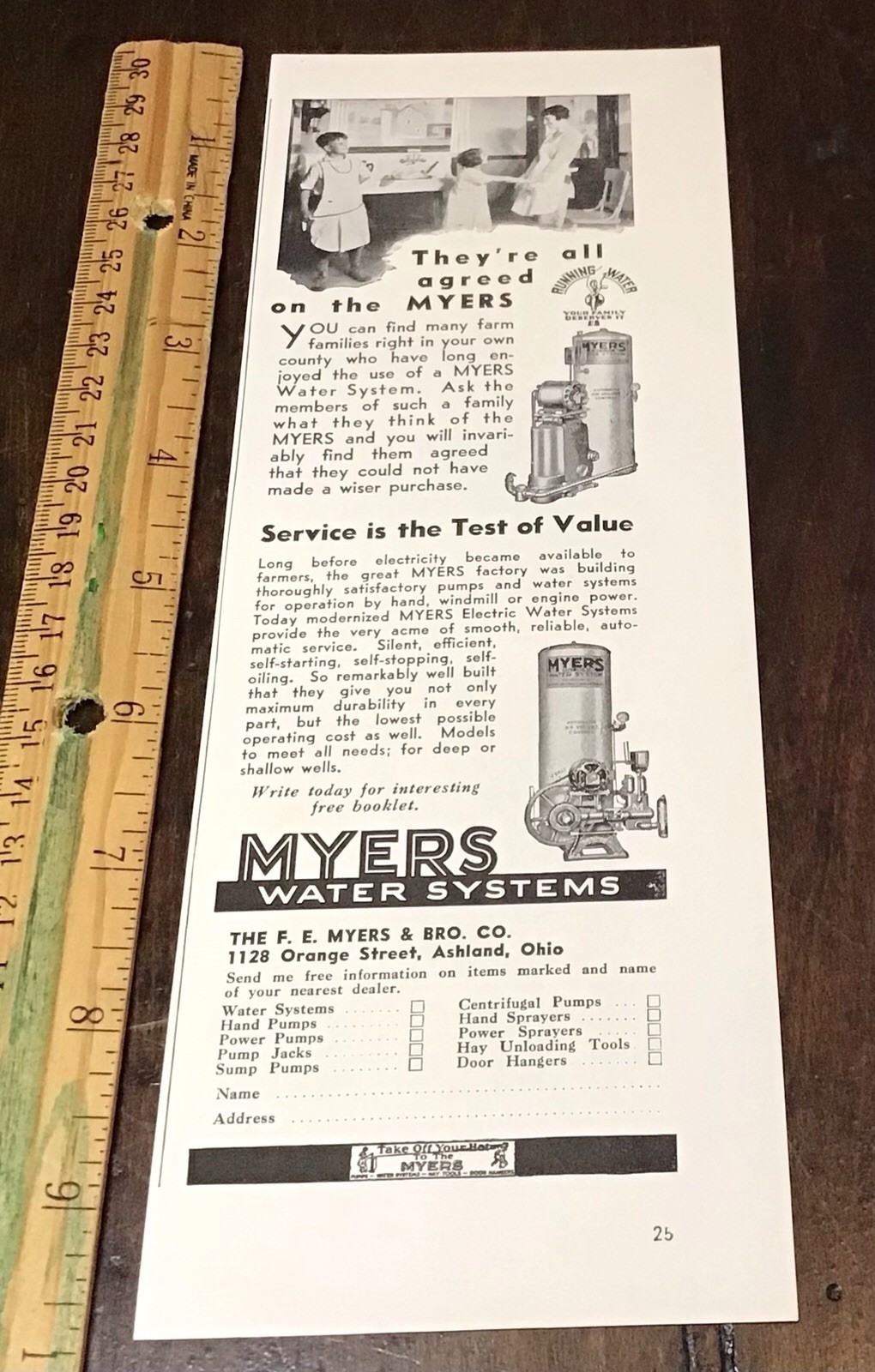 1930’s AD. F.E. MYERS CO. ASHLAND, OHIO. MYERS FARM WATER SYSTEMS Ad#5416
