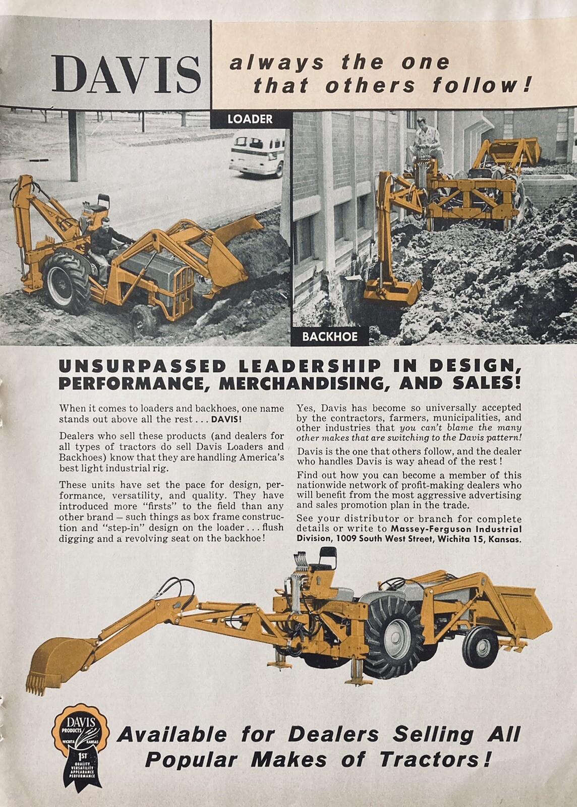 1958 AD.(XH67)~DAVIS PRODUCTS CO. WICHITA, KS. M-F DISTRIBUTOR, LOADER BACKHOE