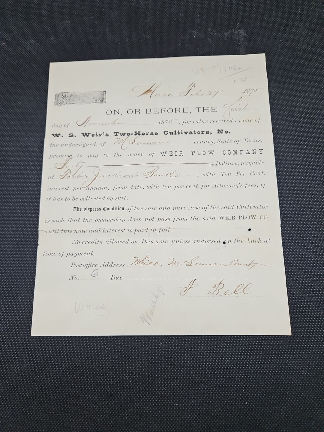 W.S. Weir Two-Horse Cultivator 1873 Weir Plow Company Purchase Form