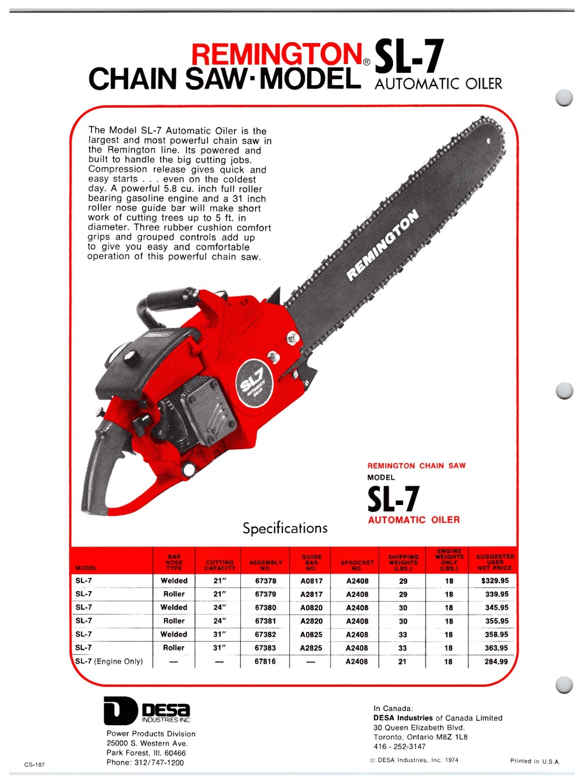 Original 1970s Remington Chainsaws Sales Info Sheet (SL-55 / SL-7 Models)