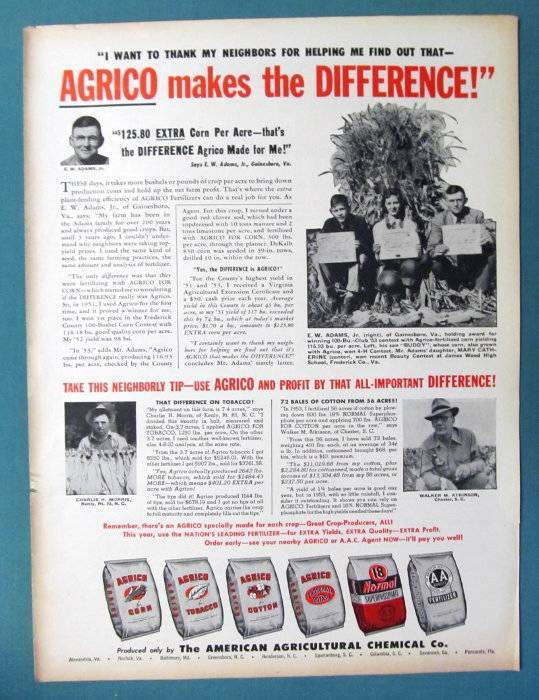 Original 1954 AGRICO Ad Features E W, Buddy, & Katherine Adams of Gainesboro VA
