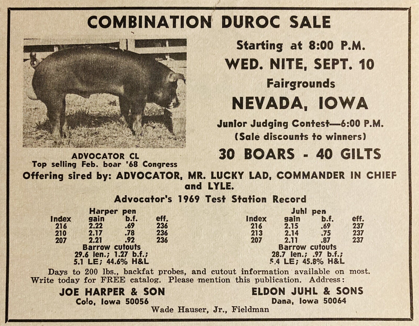 1969 AD.(XH79)~COMBINATION DUROC SALE, FAIRGROUNDS, NEVEDA, IOWA. BOARS & GILTS
