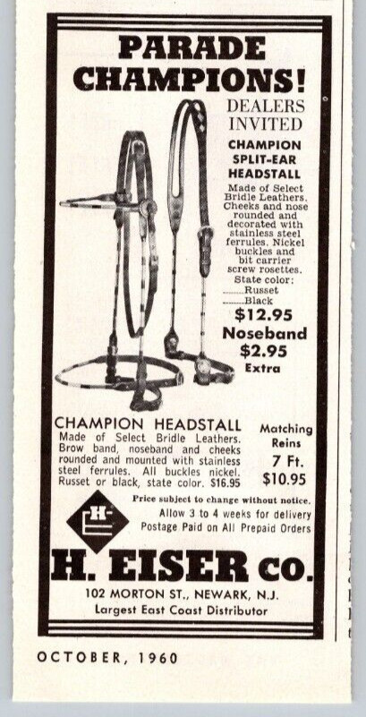 1960 Advertising Print Ad H Eiser Co Newark NJ Parade Champion Headstall Horse