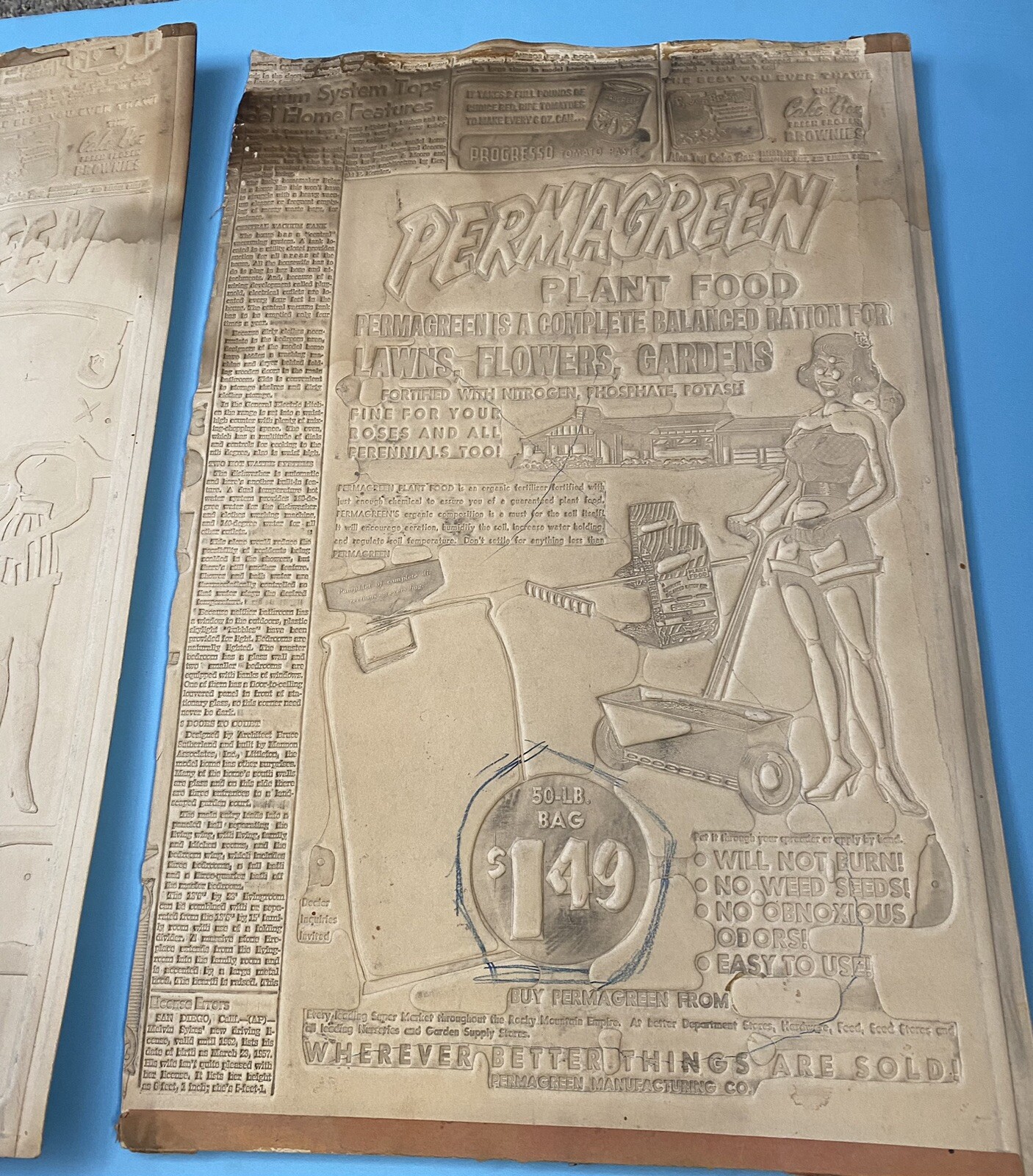Vintage 2 Advertising Embossed Newspaper Flong Mat Mold Print Ad Fertilizer
