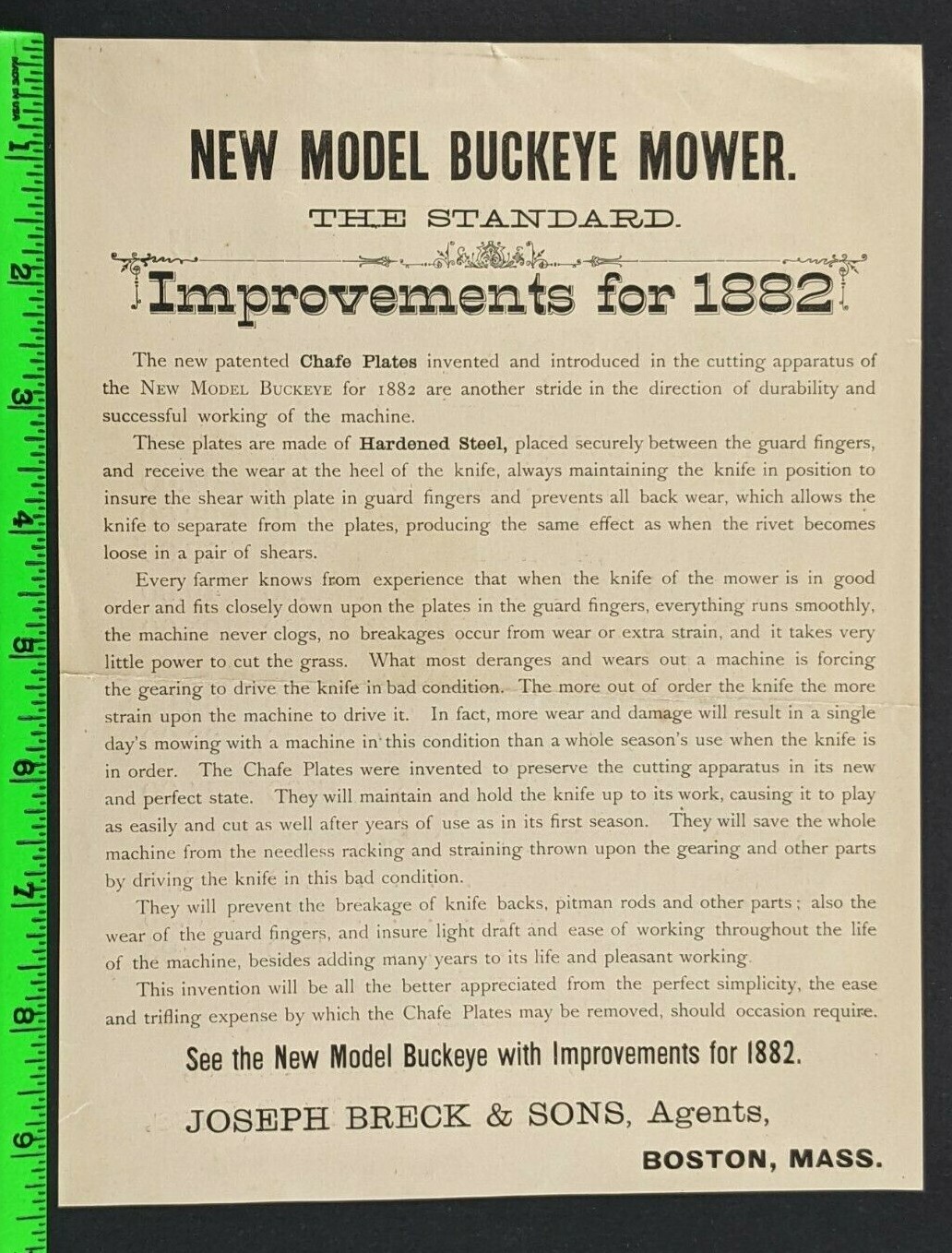Vintage 1882 Breck & Sons Buckeye Mower Price List Flyer Advertisement Boston MA