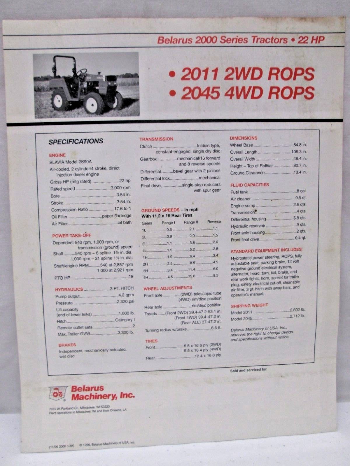 Belarus 2000 Series Tractors Brochure Specifications 2011 2WD Rops 2045 4WD 1996