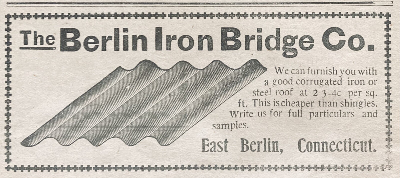 1896 AD.(XH44)~BERLIN IRON BRIDGE CO. EAST BERLIN, CONN. CORRUGATED ROOFING