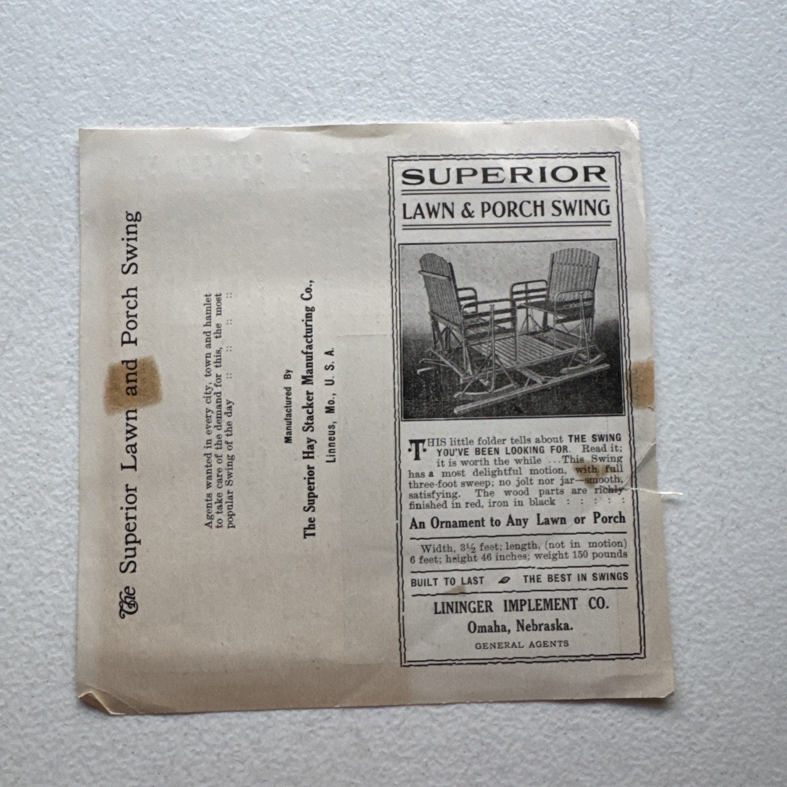 The Superior Hay Stacker Manufacturing Co. Superior Lawn & Porch Swing Pamphlet