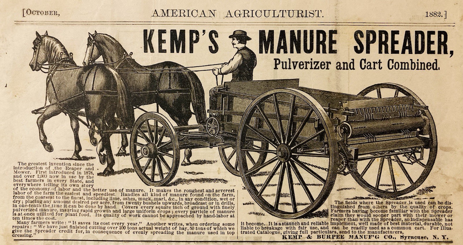 1882 AD.(XH84)~KEMP & BURPEE MFG. CO. SYRACUSE, NY. KEMP’S MANURE SPREADER