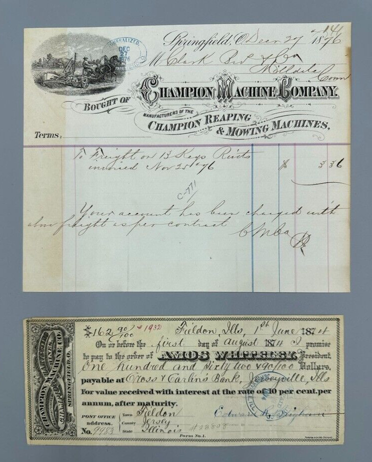 1874 CHAMPION Machinery FARM Promissory Note SPRINGFIELD OH Antique Advertising