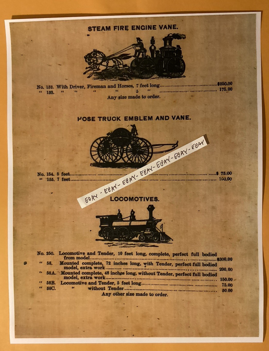 1880s LOCOMOTIVE & STEAM FIRE ENGINE WEATHERVANES COPPER & GOLD LEAF RARE AD NEW