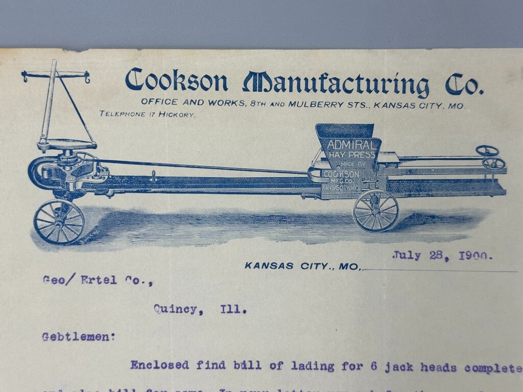 1900 Cookson ADMIRAL HAY Press FARM Advertising Letterhead Antique KANSAS CITY