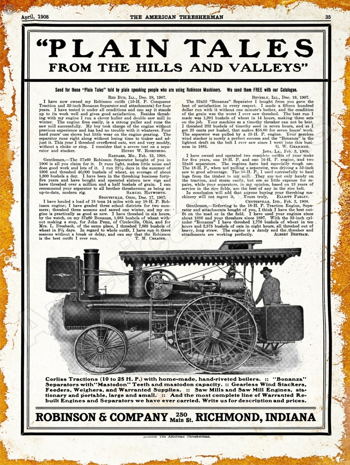 1908 Robinson & Co. Corliss Traction Engine New Metal Sign: Richmond, Indiana